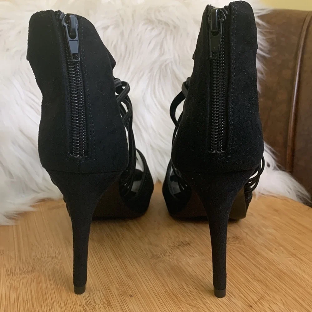 Laura Scott | Black Zipper Strappy Slip On Peep Toe Heels 10M NWOT